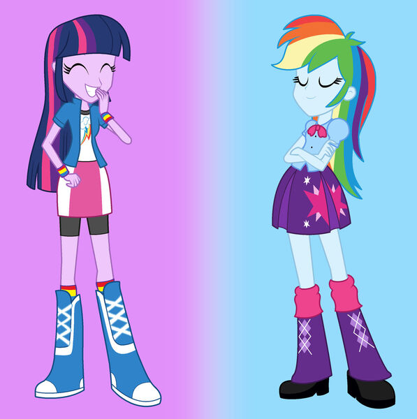 Size: 1280x1287 | Tagged: safe, derpibooru import, rainbow dash, twilight sparkle, human, equestria girls, g4, boots, clothes, clothes swap, compression shorts, equestria girls outfit, high heel boots, image, jacket, jpeg, rainbow dash always dresses in style, rainbow dash boots, rainbow dash's skirt, rainbow socks, shirt, shoes, skirt, sneakers, socks, striped socks, twilight sparkle's skirt, vest, wristband