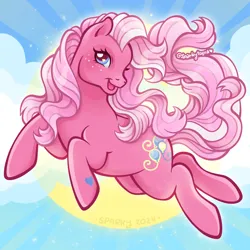 Size: 2400x2400 | Tagged: safe, artist:sparkytopia, derpibooru import, pinkie pie (g3), earth pony, pony, g3, blue eyes, cloud, freckles, image, looking at you, open mouth, open smile, pink coat, pink mane, png, signature, smiling, solo