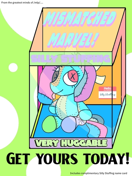 Size: 768x1024 | Tagged: safe, anonymous artist, derpibooru import, oc, oc:anon, oc:silly stuffing, pony, /mlp/, 4chan, fake toy, female, image, in a box, jpeg, marketable plushies, plushie, thread