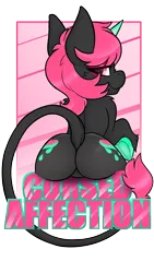 Size: 2160x3840 | Tagged: safe, artist:spoopy-abby, derpibooru import, oc, oc:cursed affection, unofficial characters only, pony, unicorn, back, badge, butt, cheek fluff, con badge, featureless crotch, female, horn, image, looking back, nose wrinkle, plot, png, shoulder fluff, sitting, smiling, solo, tail