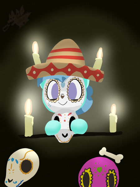 Size: 1200x1600 | Tagged: safe, artist:kushina13, derpibooru import, petunia paleo, earth pony, pony, g4, candle, dia de los muertos, female, filly, foal, hat, image, no pupils, png, skull, smiling, solo, sombrero