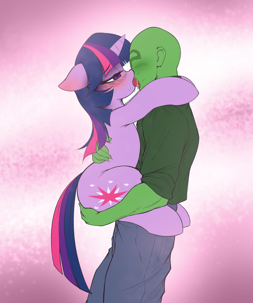 Size: 3695x4436 | Tagged: safe, artist:maretheory.exe, derpibooru import, twilight sparkle, oc, oc:anon, human, pony, unicorn, blushing, colored, female, french kiss, holding a pony, horn, image, kissing, lidded eyes, male, mare, png