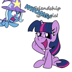 Size: 900x900 | Tagged: safe, artist:unitxxvii, derpibooru import, trixie, twilight sparkle, pony, unicorn, boast busters, g4, dialogue, duo, duo female, female, frown, image, mare, my little pony, open mouth, open smile, png, simple background, smiling, unicorn twilight, waving, waving at you, white background