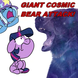 Size: 900x900 | Tagged: safe, artist:unitxxvii, derpibooru import, trixie, twilight sparkle, bear, pony, unicorn, ursa, ursa minor, boast busters, g4, dialogue, female, frown, image, mare, my little pony, open mouth, png, sitting, trio, unicorn twilight