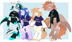 Size: 4096x2408 | Tagged: safe, artist:cheekipone, ponerpics import, oc, oc:honey milk, oc:jarvis yarbrough, unofficial characters only, bat pony, pegasus, pony, semi-anthro, bat pony oc, bat wings, clothes, collar, ear piercing, ear tufts, eyes closed, female, floppy ears, hairclip, heterochromia, holding hooves, image, jpeg, leash, male, mare, open smile, passepartout, pegasus oc, piercing, quartet, shirt, spread wings, stallion, t-shirt, text, unshorn fetlocks, wings