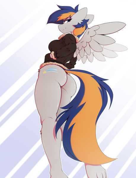 Size: 2600x3400 | Tagged: suggestive, artist:4m4i, derpibooru import, part of a set, oc, oc:liberty belle, unofficial characters only, pegasus, bomber jacket, butt, clothes, commission, female, hand in pocket, image, jacket, looking at you, looking back, low angle, pegasus oc, png, rear view, smiling, smirk, solo, solo female, wings