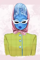 Size: 1997x3000 | Tagged: safe, artist:bloodymrr, derpibooru import, trixie, anthro, pony, unicorn, g4, blazer, clothes, drag queen, glasses, headscarf, horn, image, lip gloss, makeup, png, scarf, simple background, solo, sunglasses