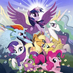 Size: 1080x1080 | Tagged: safe, derpibooru import, official, applejack, fluttershy, pinkie pie, princess celestia, rainbow dash, rarity, spike, twilight sparkle, alicorn, dragon, earth pony, pegasus, pony, unicorn, g4, female, gameloft, horn, image, jpeg, male, mane seven, mane six, mare, shipping, sparity, straight, wingless spike