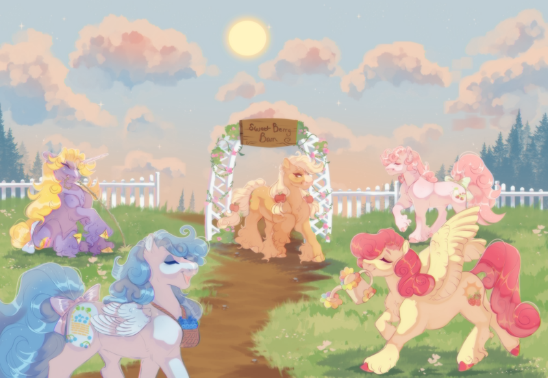 Size: 5238x3614 | Tagged: safe, artist:glorymoon, derpibooru import, applejack, boysenberry pie, earth pony, pegasus, pony, g1, g3, g4, g3 to g4, generation leap, image, png, strawberry surprise (g3)