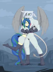 Size: 2908x4000 | Tagged: safe, artist:kirasunnight, derpibooru import, oc, unofficial characters only, anthro, gryphon, clothes, crossover, holding, image, outfit, png, standing, wings