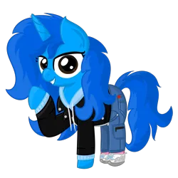 Size: 3840x3840 | Tagged: safe, artist:iamaveryrealperson, derpibooru import, oc, oc:"d", unofficial characters only, pony, unicorn, blue coat, blue mane, blue pony, brown eyes, clothes, denim, eyelashes, female, hoodie, horn, image, jacket, jeans, leather, leather jacket, long hair, long mane, long tail, looking at you, mare, pants, png, pocket, pointing, shoes, simple background, smiling, solo, standing, tail, teeth, trans female, transgender, transgender oc, transparent background, unicorn horn, unicorn oc, zipper