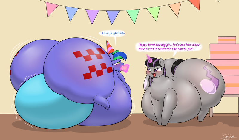 Size: 3400x2000 | Tagged: questionable, artist:cdrspark, derpibooru import, oc, oc:felicity stars, oc:magna-save, belly, belly blush, big belly, birthday cake, butt, butt blush, cake, dialogue, duo, duo female, exercise ball, feedee, feeding, female, food, hat, huge belly, huge butt, hyper, hyper belly, hyper butt, image, impossibly large belly, impossibly large butt, large butt, levitation, magic, party hat, png, size difference, telekinesis