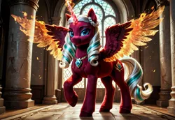 Size: 3072x2112 | Tagged: safe, ai content, derpibooru import, machine learning generated, prompter:kluknawa235, stable diffusion, alicorn, g5, detailed, fire, horn, image, jewelry, jpeg, necklace, opaline arcana, spread wings, wings