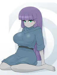 Size: 1837x2396 | Tagged: safe, artist:batipin, derpibooru import, maud pie, human, g4, bangs, barefoot, belly, belly button, big breasts, blushing, breasts, busty maud pie, clothes, feet, image, kneeling, long hair, looking at you, missing shoes, png, solo, toes