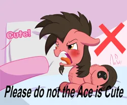 Size: 3000x2500 | Tagged: safe, artist:ace play, derpibooru import, pinkie pie, oc, oc:ace play, earth pony, pony, angry, behaving like a cat, blushing, cheek fluff, chest fluff, crossed out, facial hair, goatee, high res, hissing, image, jpeg, lying down, male, meme, please do not the cat, pointing, ponified meme, ponyloaf, prone, solo focus, stallion, x