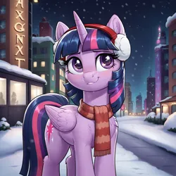 Size: 1024x1024 | Tagged: safe, ai content, derpibooru import, machine learning generated, prompter:thelight3d, stable diffusion, twilight sparkle, twilight sparkle (alicorn), alicorn, g4, building, city, clothes, ear fluff, earmuffs, generator:pony diffusion v6 xl, image, outdoors, png, scarf, snow, tail, winter