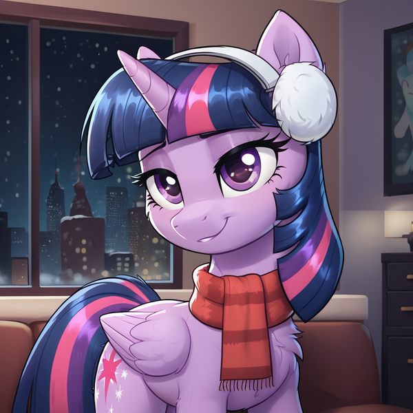 Size: 1024x1024 | Tagged: safe, ai content, derpibooru import, machine learning generated, prompter:thelight3d, stable diffusion, twilight sparkle, twilight sparkle (alicorn), alicorn, g4, chest fluff, city, clothes, ear fluff, earmuffs, generator:pony diffusion v6 xl, image, indoors, png, scarf, smiling, snow, snowfall, sofa bed