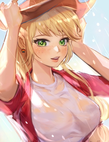 Size: 1092x1417 | Tagged: suggestive, artist:卯卯七, derpibooru import, applejack, human, equestria girls, g4, clothes, ear piercing, earring, female, image, jewelry, jpeg, piercing, rain, see-through, shirt, solo, wet clothes, wet shirt