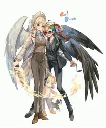 Size: 3543x4252 | Tagged: safe, artist:卯卯七, derpibooru import, applejack, rainbow dash, dog, human, apple core, appledash, bowtie, clothes, duo, ear piercing, earring, female, good omens, humanized, image, jewelry, jpeg, lesbian, magic, piercing, shipping, simple background, slit pupils, suit, sunglasses, sword, weapon, white background, winged humanization, wings