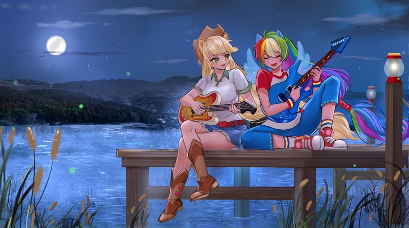 Size: 3543x1974 | Tagged: safe, artist:卯卯七, derpibooru import, applejack, rainbow dash, human, appledash, cattails, duo, eared humanization, electric guitar, female, full moon, guitar, humanized, image, jpeg, lake, lesbian, moon, musical instrument, night, pier, playing instrument, reeds, shipping, sitting, water, winged humanization, wings