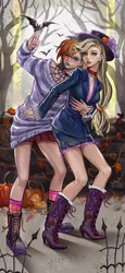 Size: 2605x5648 | Tagged: safe, artist:卯卯七, derpibooru import, applejack, rainbow dash, bat, alternate hairstyle, appledash, breasts, choker, cleavage, duo, ear piercing, earring, female, gameloft, gameloft interpretation, hairclip, halloween, hat, holiday, image, jewelry, jpeg, lesbian, piercing, pumpkin, shipping