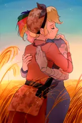 Size: 1256x1890 | Tagged: safe, artist:卯卯七, derpibooru import, applejack, rainbow dash, human, g4, alternate timeline, amputee, appledash, crystal war timeline, duo, farewell, female, hug, humanized, image, jpeg, lesbian, prosthetic arm, prosthetic limb, prosthetics, shipping