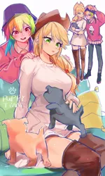 Size: 720x1200 | Tagged: safe, artist:卯卯七, derpibooru import, applejack, rainbow dash, dog, human, g4, appledash, duo, female, humanized, image, jpeg, lesbian, shipping