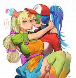 Size: 1169x1200 | Tagged: safe, artist:卯卯七, derpibooru import, applejack, rainbow dash, human, g4, appledash, blushing, bridal carry, cap, carrying, clothes, dialogue, dress, duo, female, hat, humanized, image, imminent kissing, jpeg, lesbian, looking at each other, looking at someone, shipping, simple background, speech bubble, white background