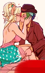 Size: 1676x2688 | Tagged: safe, artist:卯卯七, derpibooru import, applejack, rainbow dash, human, g4, appledash, bowler hat, clothes, dress, duo, female, hat, humanized, image, jpeg, kiss on the lips, kissing, lesbian, necktie, shipping, suit