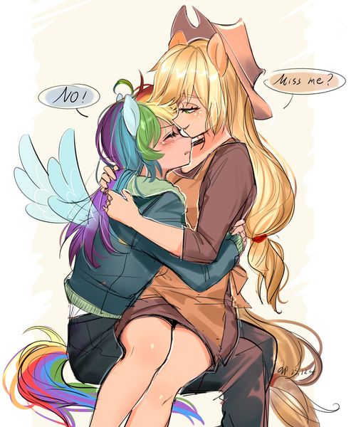 Size: 2208x2688 | Tagged: safe, artist:卯卯七, derpibooru import, applejack, rainbow dash, human, g4, appledash, blushing, dialogue, duo, eared humanization, female, hug, humanized, image, jpeg, lesbian, shipping, sitting on lap, sitting on person, speech bubble, tsundere, winged humanization, wings