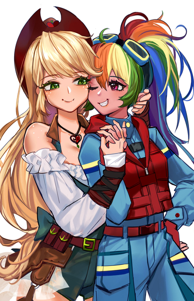 Size: 1670x2598 | Tagged: safe, artist:卯卯七, derpibooru import, applejack, rainbow dash, human, appledash, clothes, duo, female, garter belt, garter straps, goggles, goggles on head, holding hands, humanized, image, jewelry, jpeg, lesbian, looking at each other, looking at someone, necklace, rwby, shipping, simple background, vest, white background