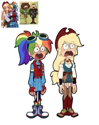 Size: 2004x2536 | Tagged: safe, artist:卯卯七, derpibooru import, applejack, rainbow dash, human, amphibia, anne boonchuy, appledash, bandage, boots, clothes, eye clipping through hair, eyebrows, eyebrows visible through hair, female, garter belt, garter straps, goggles, goggles on head, holding hands, humanized, image, jewelry, jpeg, lesbian, looking at each other, looking at someone, necklace, ripped stockings, rwby, sasha waybright, screencap reference, shipping, shocked, shoes, simple background, socks, stockings, thigh highs, torn clothes, vest, white background