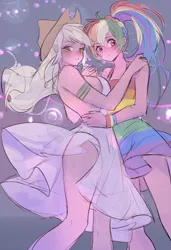 Size: 1772x2598 | Tagged: suggestive, artist:卯卯七, derpibooru import, applejack, rainbow dash, human, g4, appledash, blushing, clothes, dancing, dress, duo, female, holding hands, humanized, image, jpeg, lesbian, panties, shipping, underwear