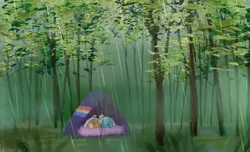 Size: 2470x1500 | Tagged: safe, artist:卯卯七, derpibooru import, applejack, rainbow dash, rabbit, g4, animal, appledash, bunnified, duo, female, forest, image, jpeg, lesbian, nature, rain, scenery, shipping, sleeping, species swap, tent, tree