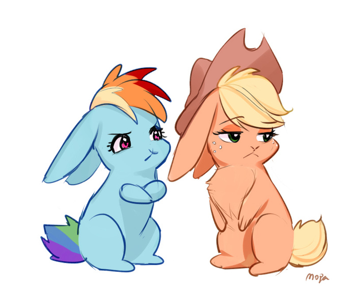 Size: 802x690 | Tagged: safe, artist:卯卯七, derpibooru import, applejack, rainbow dash, rabbit, animal, appledash, bunnified, chest fluff, duo, eyebrows, eyebrows visible through hair, female, image, jpeg, lesbian, shipping, simple background, species swap, white background