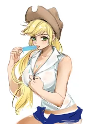 Size: 1936x2688 | Tagged: suggestive, artist:卯卯七, derpibooru import, applejack, human, g4, dripping, female, food, humanized, image, jpeg, popsicle, simple background, solo, white background