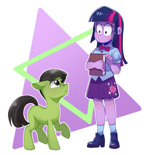 Size: 1059x1120 | Tagged: safe, artist:toxiccolour, derpibooru import, twilight sparkle, ponified, earth pony, pony, equestria girls, g4, blushing, book, boots, bowtie, choromatsu, clothes, crossover, duo, duo male and female, female, high heel boots, image, looking at each other, looking at someone, male, osomatsu-san, png, shirt, shoes, skirt, socks, stallion, style emulation