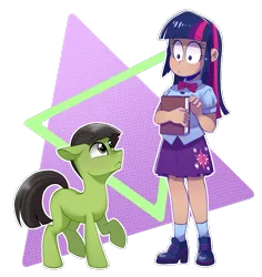 Size: 1059x1120 | Tagged: safe, alternate version, artist:toxiccolour, derpibooru import, twilight sparkle, ponified, earth pony, human, pony, g4, blushing, book, boots, bowtie, choromatsu, clothes, crossover, duo, duo male and female, female, high heel boots, humanized, image, looking at each other, looking at someone, male, osomatsu-san, png, shirt, shoes, skirt, socks, stallion, style emulation