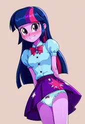 Size: 832x1216 | Tagged: suggestive, ai content, derpibooru import, machine learning generated, prompter:flutteryaylove, twilight sparkle, equestria girls, g4, blushing, clothes, frilly underwear, image, jpeg, looking at you, panties, simple background, skirt, smiling, underwear, upskirt