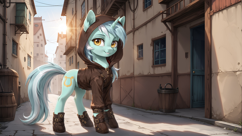 Size: 3840x2160 | Tagged: safe, ai content, derpibooru import, machine learning generated, prompter:bluetoothworld, lyra heartstrings, pony, unicorn, g4, boots, clothes, day, female, hood, horn, image, jpeg, looking at you, mare, outdoors, shoes, smiling, solo, sun, tail, wallpaper