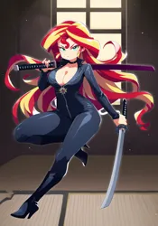 Size: 896x1280 | Tagged: safe, ai content, derpibooru import, machine learning generated, novelai, stable diffusion, sunset shimmer, human, equestria girls, g4, absolute cleavage, boots, breasts, catsuit, cleavage, clothes, duo, female, fit, high heel boots, high heels, image, katana, martial arts, pair, png, shoes, slender, sword, thin, weapon