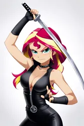 Size: 896x1344 | Tagged: safe, ai content, derpibooru import, machine learning generated, novelai, stable diffusion, sunset shimmer, human, equestria girls, g4, absolute cleavage, breasts, cleavage, clothes, female, fit, image, katana, leather, martial arts, png, skintight clothes, slender, sword, thin, weapon