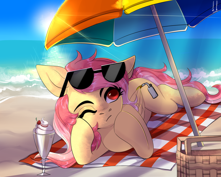 Size: 4000x3210 | Tagged: safe, artist:verashelenberg, derpibooru import, oc, oc:cotton seams, unofficial characters only, pegasus, pony, beach, beach towel, beach umbrella, commission, detailed background, female, food, image, lying down, mare, one eye closed, pegasus oc, png, solo, solo female, sundae, sunglasses, sunglasses on head, towel, umbrella, wings, ych result