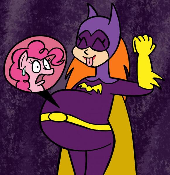 Size: 900x929 | Tagged: safe, artist:gamerlilshoomer18, derpibooru import, pinkie pie, earth pony, human, pony, g4, barbara gordon, batgirl, belly, big belly, dc comics, eyes closed, female, image, jpeg, tongue out, vore