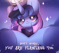 Size: 2700x2450 | Tagged: safe, artist:miryelis, derpibooru import, oc, oc:flawless sparklemoon, unofficial characters only, pony, unicorn, big eyes, cute, female, fusion, fusion:trixie, fusion:twilight sparkle, fusion:twixie, glow, glowing horn, hat, horn, image, looking at you, magic, mare, my little pony the movie: the death of twilight sparkle, offscreen character, png, pov, smiling, solo, stars, text