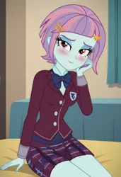 Size: 832x1216 | Tagged: safe, ai content, derpibooru import, machine learning generated, prompter:nwth, sunny flare, human, equestria girls, g4, bed, blushing, breasts, clothes, crystal prep academy uniform, image, jpeg, looking at you, school uniform, short hair, sitting, solo