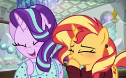 Size: 1959x1220 | Tagged: safe, artist:cstrawberrymilk, derpibooru import, starlight glimmer, sunset shimmer, pony, unicorn, g4, clothes, duo, duo female, eyes closed, female, horn, image, jpeg, laughing, laughingmares.jpg, mare, sweater