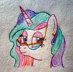 Size: 1790x1767 | Tagged: safe, artist:mildgyth, derpibooru import, princess celestia, anthro, ziragshabdarverse, bust, eyeshadow, glasses, image, makeup, png, portrait, solo, traditional art