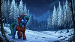 Size: 2560x1440 | Tagged: safe, ai content, derpibooru import, machine learning generated, stable diffusion, oc, unofficial characters only, pony, clothes, forest, generator:pony diffusion v6 xl, hoodie, image, jpeg, nature, night, prompter:siber, scenery, smiling, snow, snowfall, solo, tree, winter