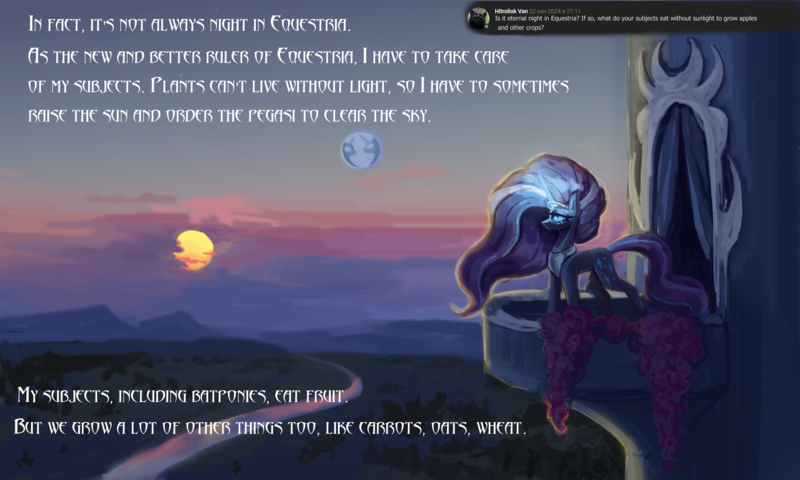 Size: 5000x3000 | Tagged: safe, alternate version, artist:anastas, derpibooru import, part of a set, nightmare rarity, pony, unicorn, series:ask nightmare rarity, g4, ask, balcony, canterlot castle, comic, cyrillic, dawn, detailed background, english, ethereal mane, eyelashes, eyeshadow, female, flowing mane, flowing tail, glow, glowing horn, horn, image, jewelry, magic, magic aura, makeup, mare, mare in the moon, mlp art ask (ru), moon, nightmarified, outdoors, png, regalia, slit pupils, solo, speech bubble, standing, starry mane, starry tail, sternocleidomastoid, sun, tail, text, translation